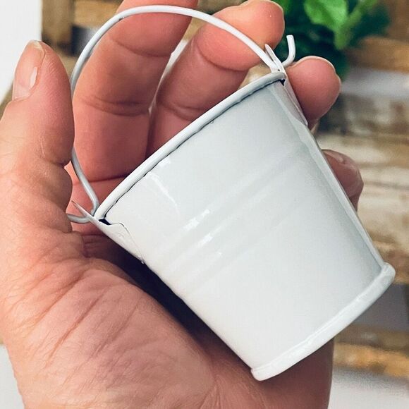 New 6 White Metal Tins Little 2.25”H Buckets w/ Handle Party / Wedding Favor Kit - Picture 2 of 16